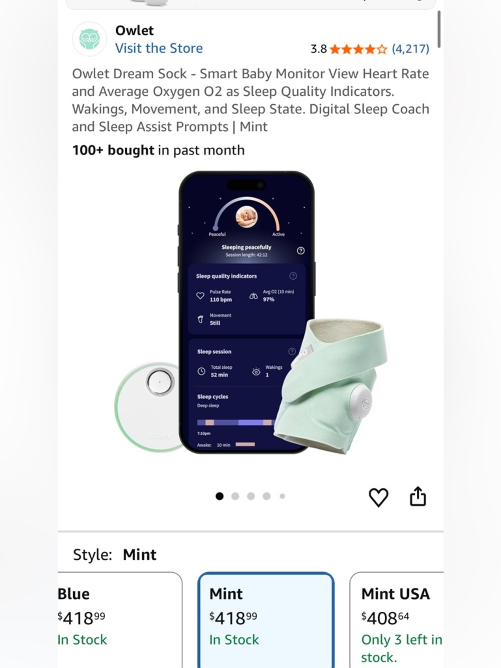 Owlet Dream Sock Smart Baby Monitor - Mint